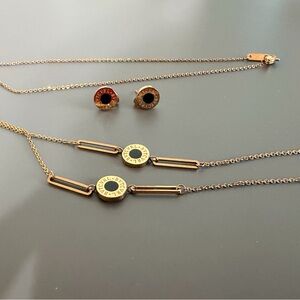 Bronze-Tone Bvlgari style Black Accent Disc Necklace & Earring Set